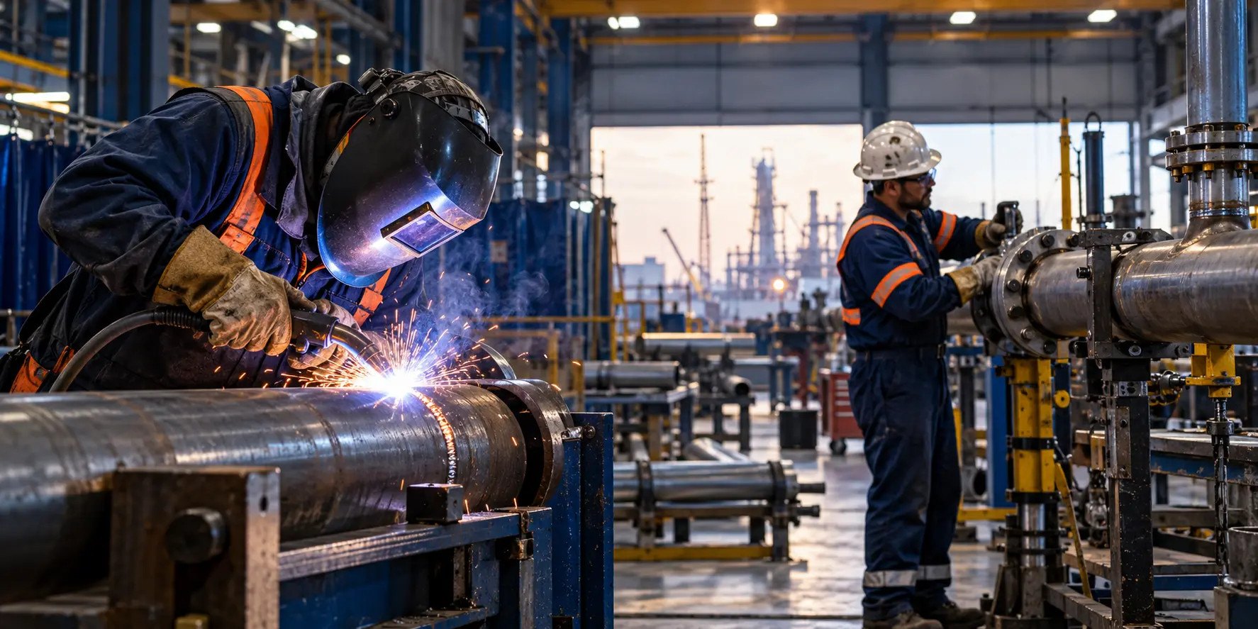 Welder and pipefitter working in an industrial fabrication facility